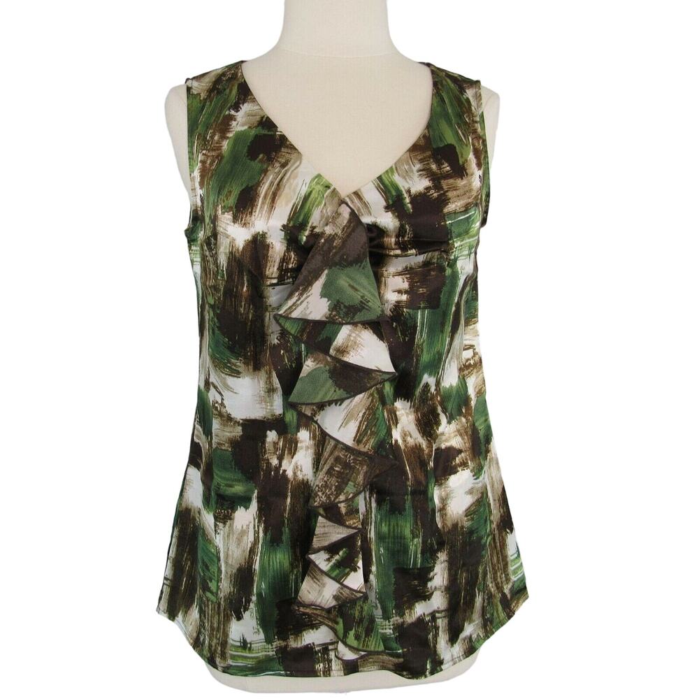Fred David V-Neck Blouse Sleeveless Waterfall Ruffle Geometric Green Size Medium